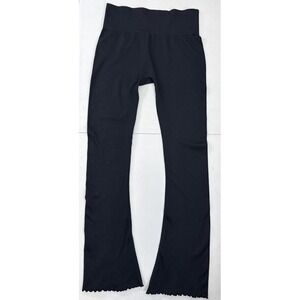 Ebb & Flow Womens L Ribbed Knit Flare Pants High Rise Lettuce Hem Black Legging